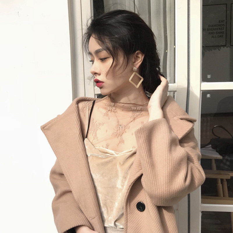 镂空蕾丝打底衫女港味复古chic内搭修身半高领长袖上衣透明网纱