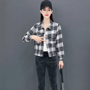 磨毛格子polo领衬衫女长袖春秋新款百搭修身衬衣高腰短小外套上衣