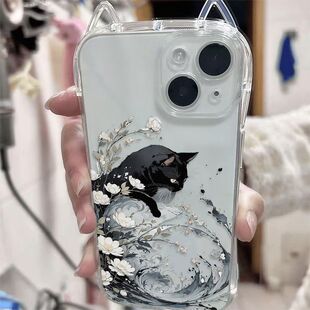 海浪花枝黑猫适用小米1415/17Promax手机壳civi3小蛮腰猫耳朵红米K80至尊版K70E软note15Pro+141312Turbo学生