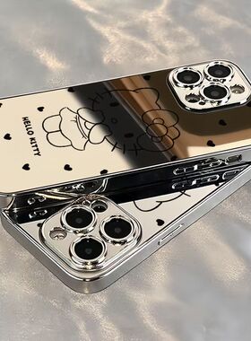 黑白爱心Kitty猫适用OPPOReno1514手机壳镜面K12K13Turbo电镀FindX9Pro/X8S+A6学生A2A3A5活力版a58a93a96a97