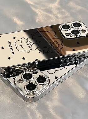 黑白爱心Kitty猫适用小米17/15Ultra手机壳镜面civi3电镀Turbo4Pro红米K90K80至尊版K70K60K50学生note15Pro+