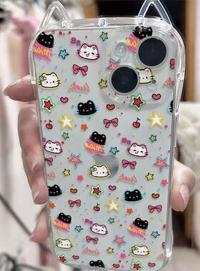 涂鸦黑白猫咪适用vivoY500手机壳Y300Pro小蛮腰猫耳朵y300Ty200i软y100y78+学生y78m小红书同款y77Ey76sy74s