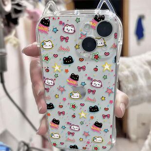 涂鸦黑白猫咪适用小米1415/17Promax手机壳civi3小蛮腰猫耳朵红米K80至尊版K70E软note15Pro+141312Turbo学生