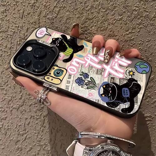 卡通报纸黑猫适用iPhone17Air/16Promax手机壳彩银磨砂苹果1213mini/1415Plus学生XRXS高级感SE3代6s/78Plus