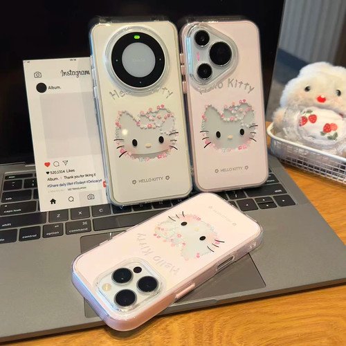 小清新碎花KT猫适用OPPOReno151413手机壳K11XK12Plus透明二合一可放卡片FindX8S+少女A3活力版A97A96A93A58