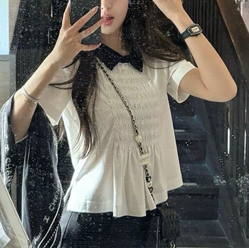 修身小香风翻领套头短袖褶皱衬衫