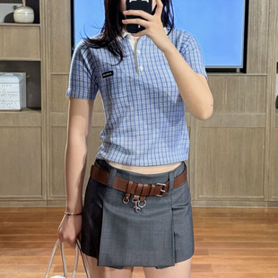 真丝羊绒混纺蓝白格纹翻领针织短袖 学院风 26年春夏 修身 zui篙