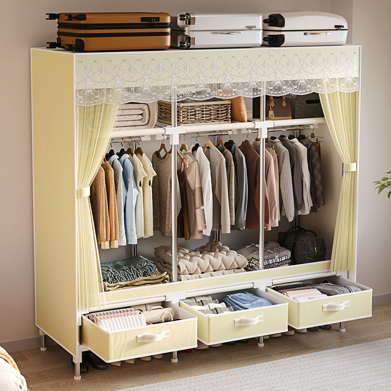 衣柜家用卧室出租房用布衣柜加厚加粗全钢架简易衣柜结实耐用衣橱