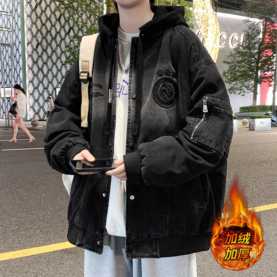 复古牛仔加绒加厚棉衣外套男款