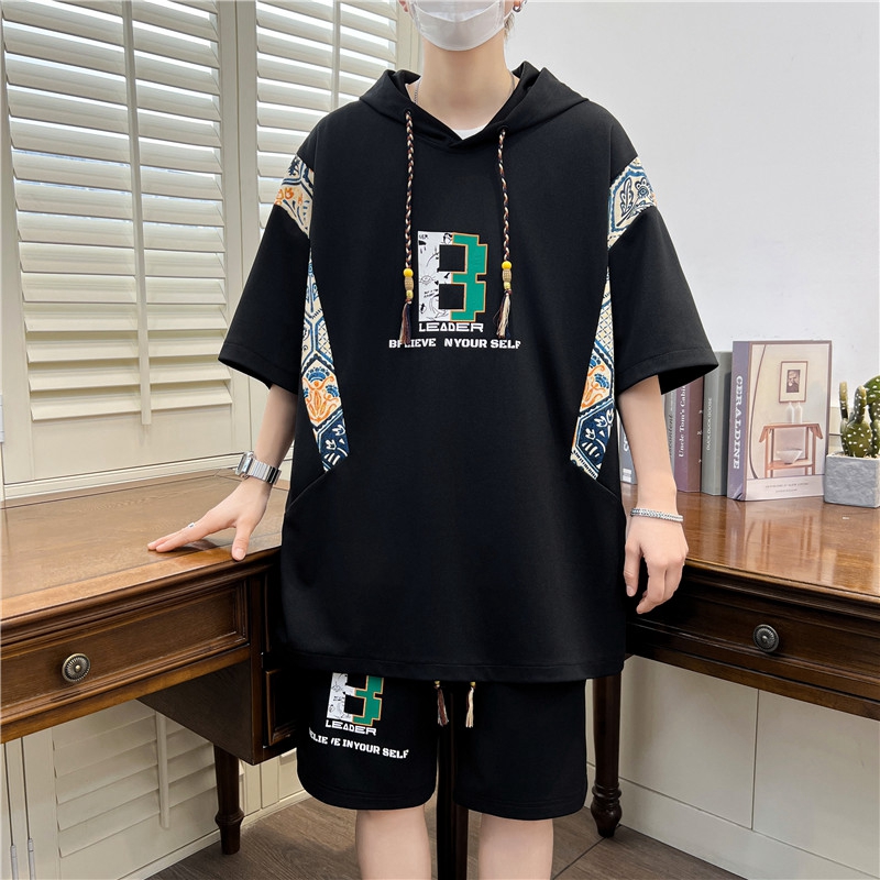 青少年夏季国潮风连帽短袖男潮牌个性印花冰丝套装学生痞帅两件套
