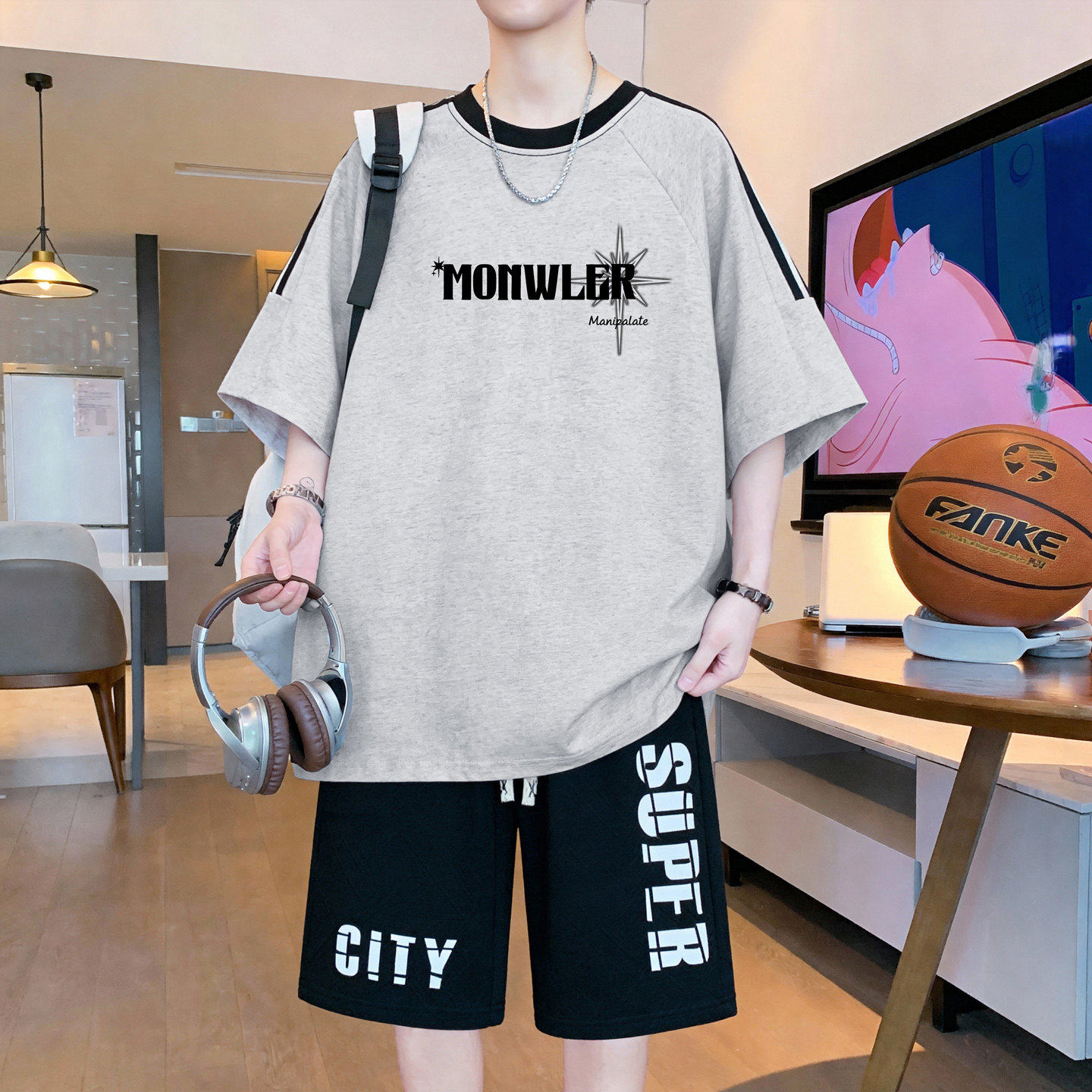 夏季纯棉初高中男生短袖运动套装图片