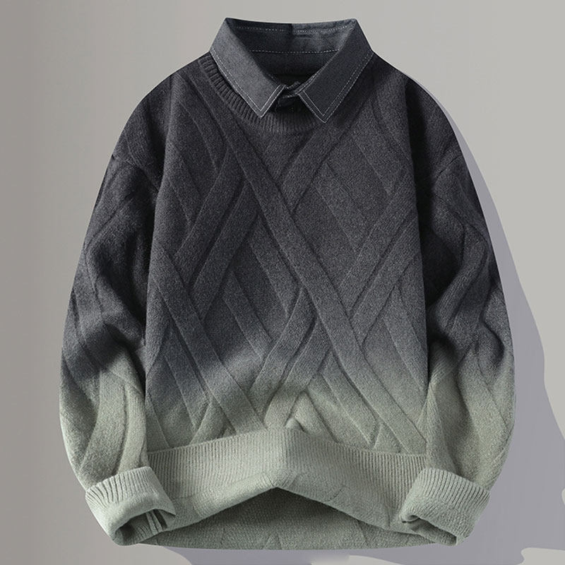 渐变色毛衣男款冬季衬衫领男士针织衫潮牌秋冬慵懒风假两件毛线衣,男装,针织衫/毛衣,淘宝优惠券,粉丝福利购,淘宝优惠卷