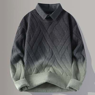 渐变色毛衣男款冬季衬衫领男士