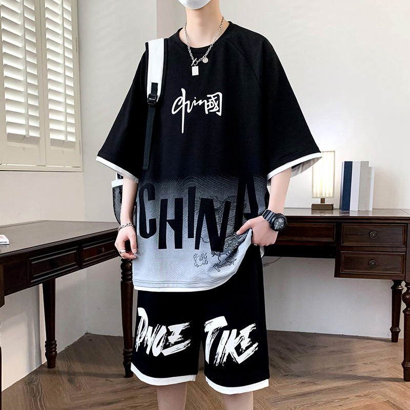 夏季青少年短袖t恤男孩初高中学生纯棉上衣服胖大童夏季运动套装