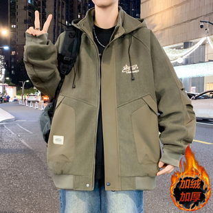 青少年加绒加厚外套男款秋冬季潮牌痞帅棉衣大童冬装保暖抗寒衣服