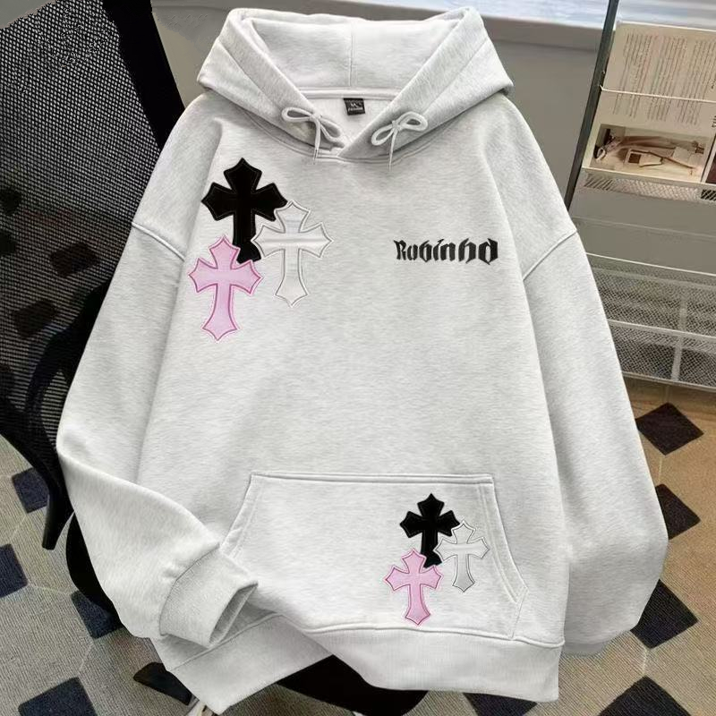 学院风个性十字架印花连帽卫衣男