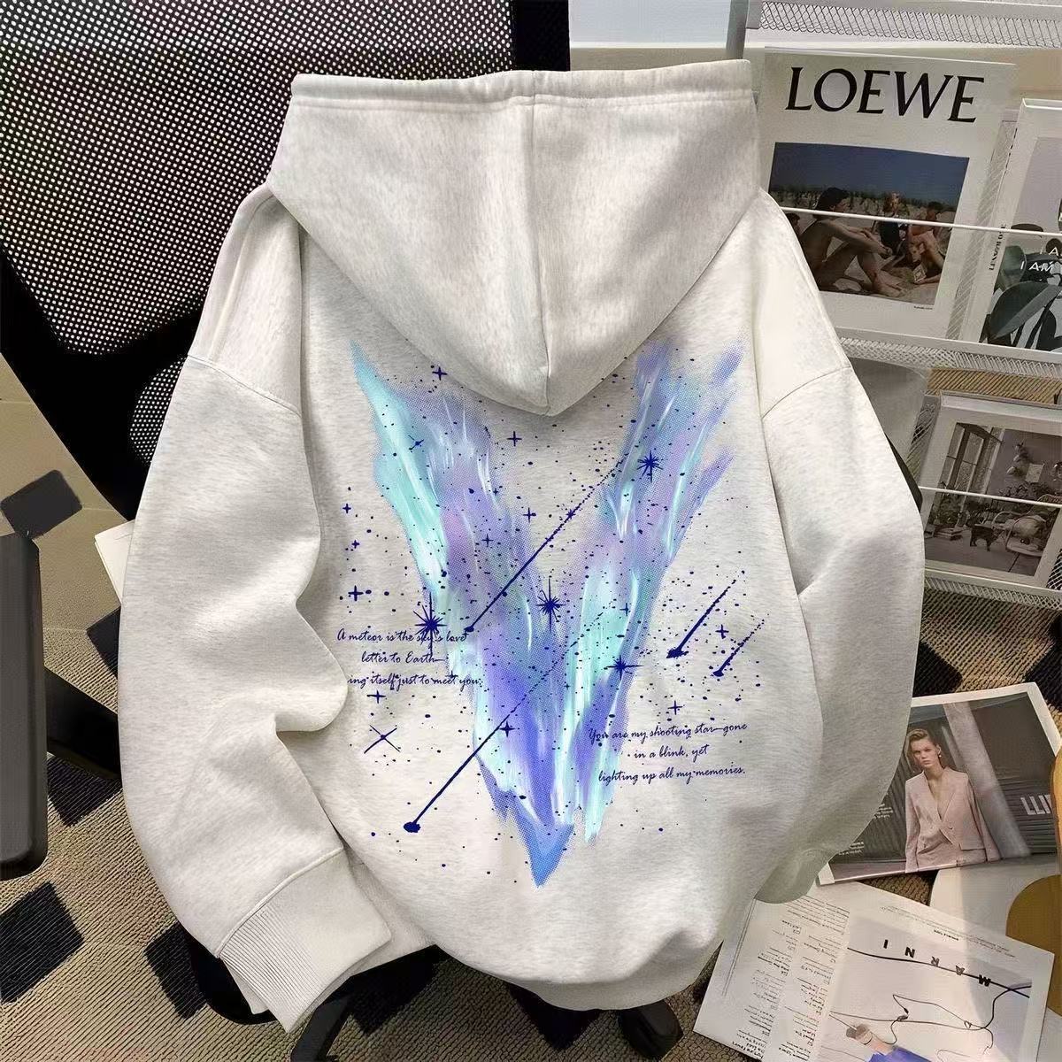 潮牌渐变蓝V字印花连帽卫衣男女