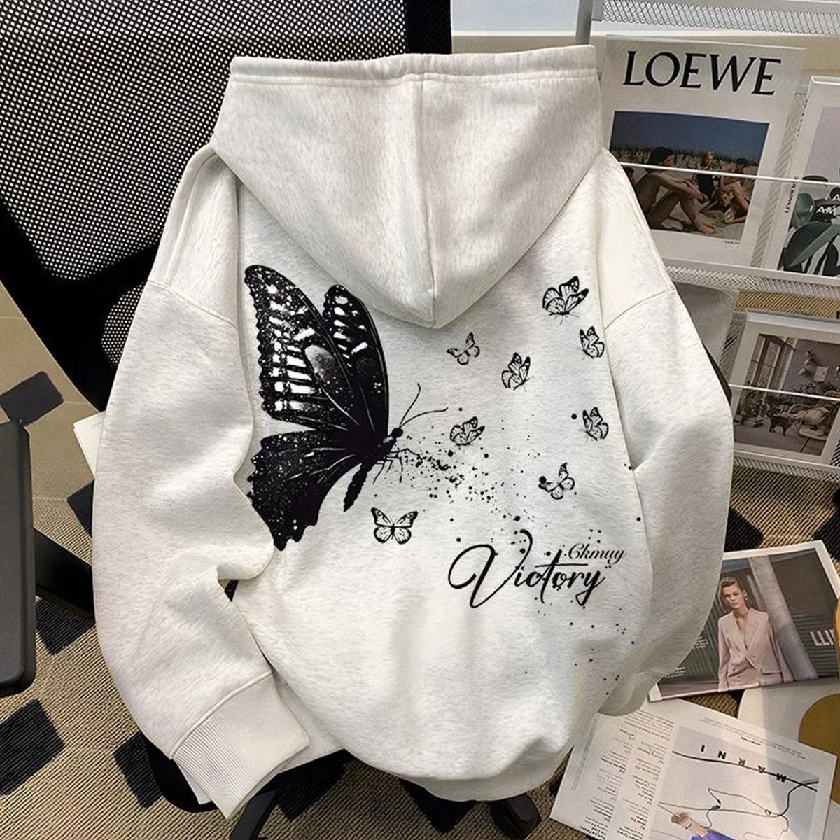 高街风蝴蝶印花连帽卫衣男女秋冬