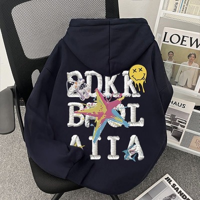 美式字母仿刺绣印花连帽卫衣男女