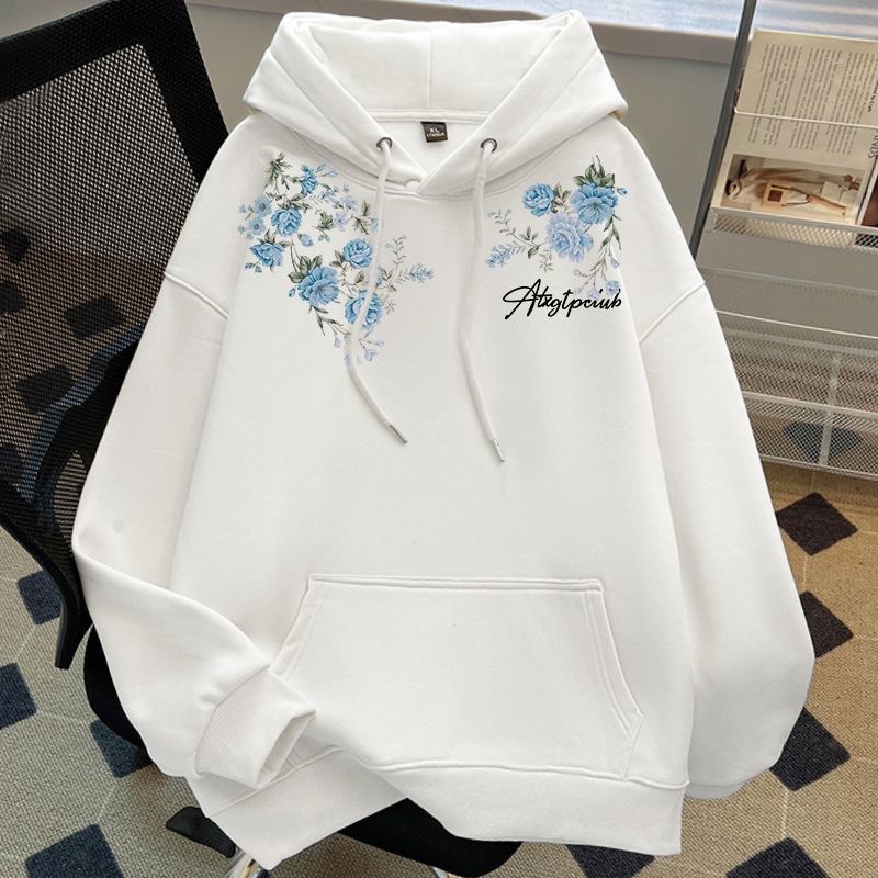 学院风围脖花卉印花连帽卫衣男女