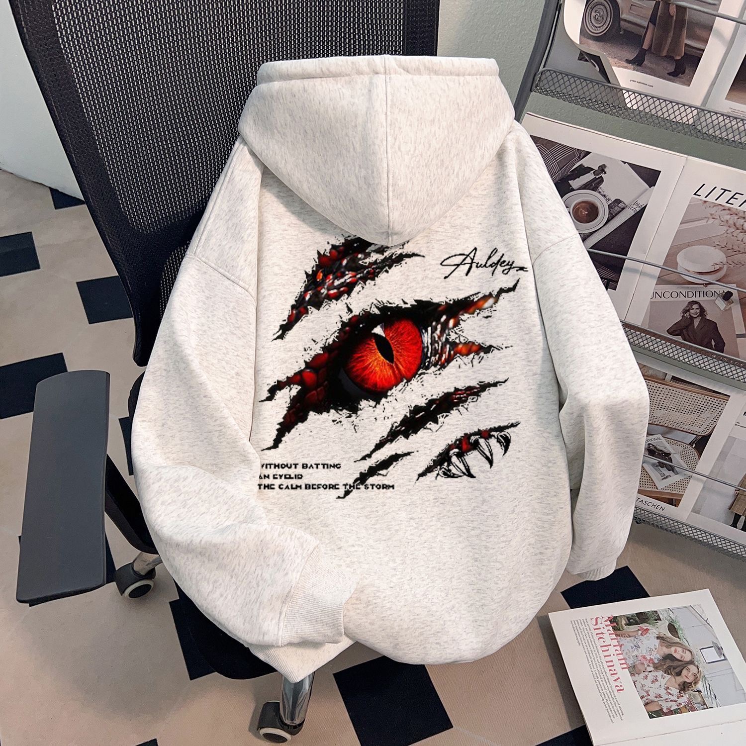 美式潮牌学院风邪恶之眼印花连帽卫衣男女秋冬款重磅加绒加厚上衣