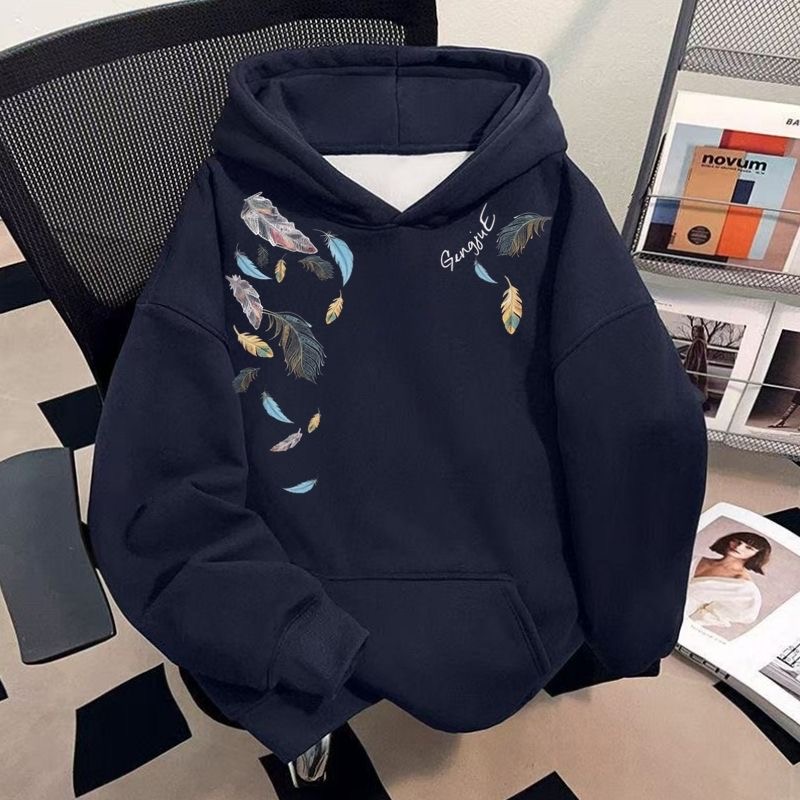 学院风围脖羽毛印花连帽卫衣男女