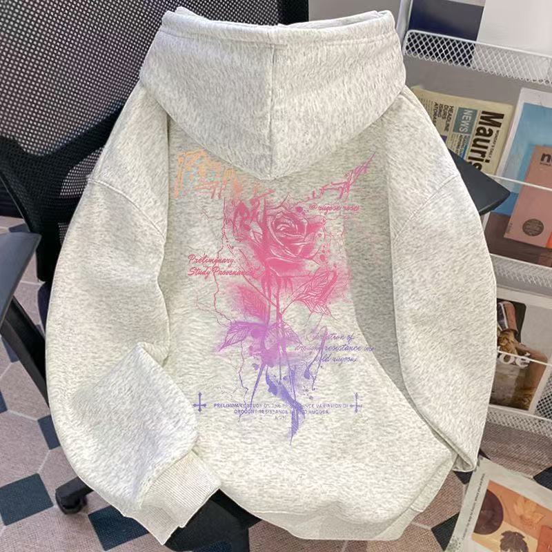 渐变一支玫瑰印花连帽卫衣男女秋