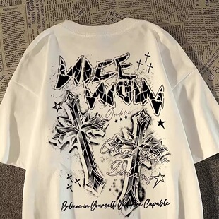 100%纯棉国潮高街潮牌十字架短袖 hiphop街头上衣服 t男女宽松夏季