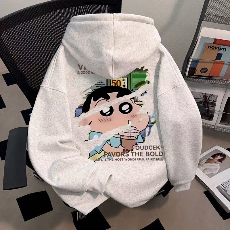 美式高街蜡笔小新印花连帽卫衣男