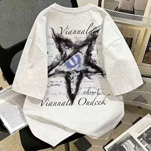 情侣ins宽松学生百搭上衣 t恤男女夏季 100%纯棉美式 五角星印花短袖