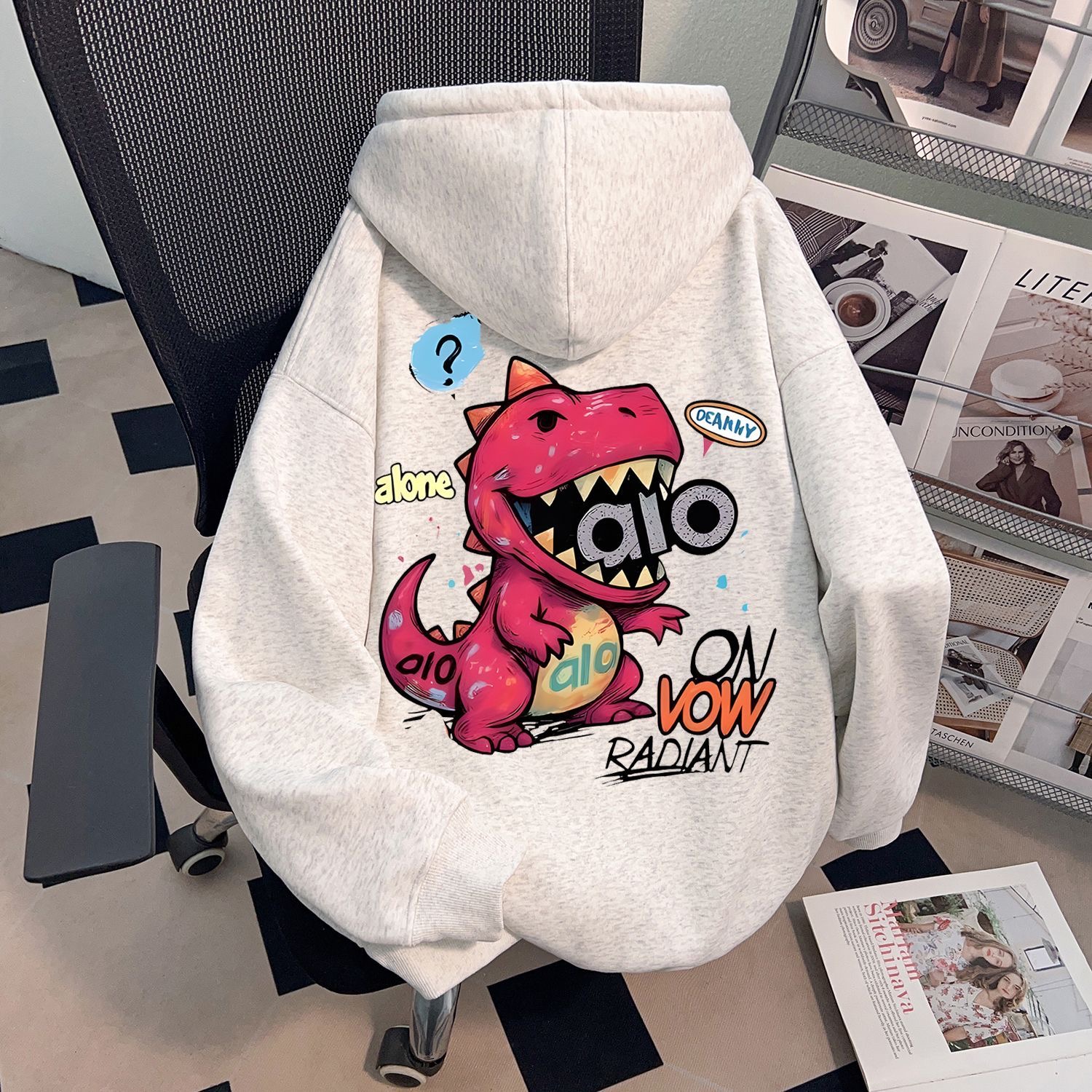 潮牌卡通恐龙印花连帽卫衣学生男