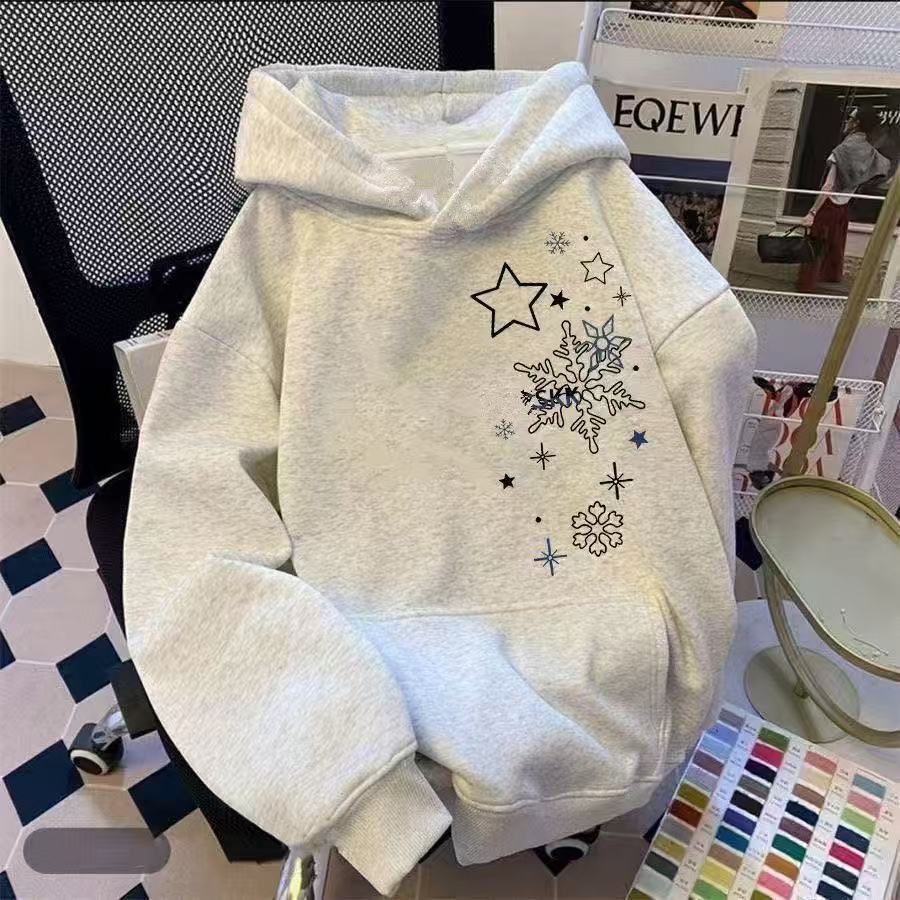 美式潮牌学院风星星雪花印花连帽卫衣男女秋冬款宽松加绒加厚外套