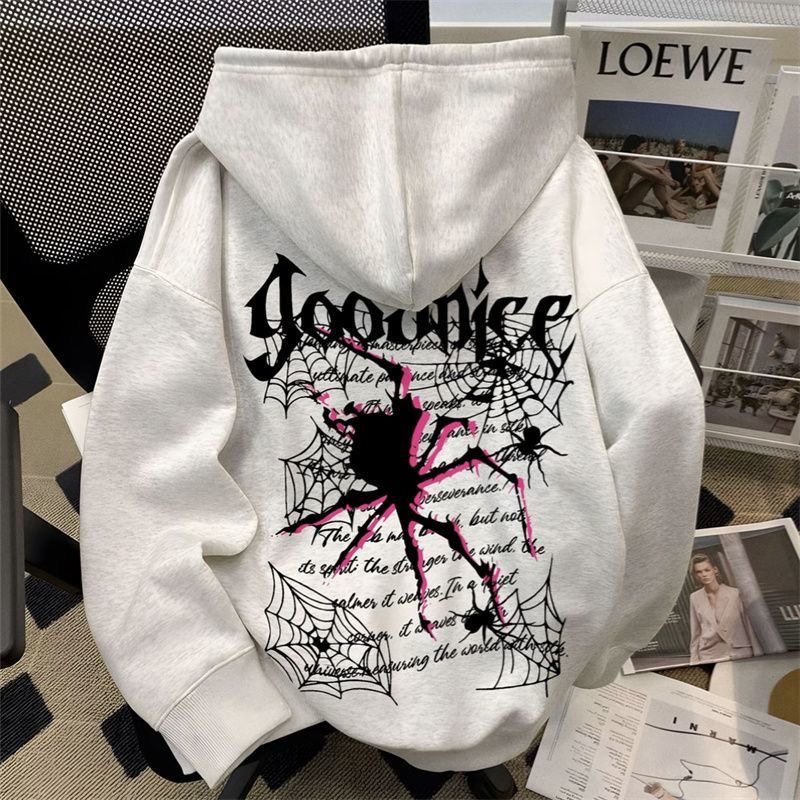 嘻哈风蜘蛛网印花连帽卫衣男女秋