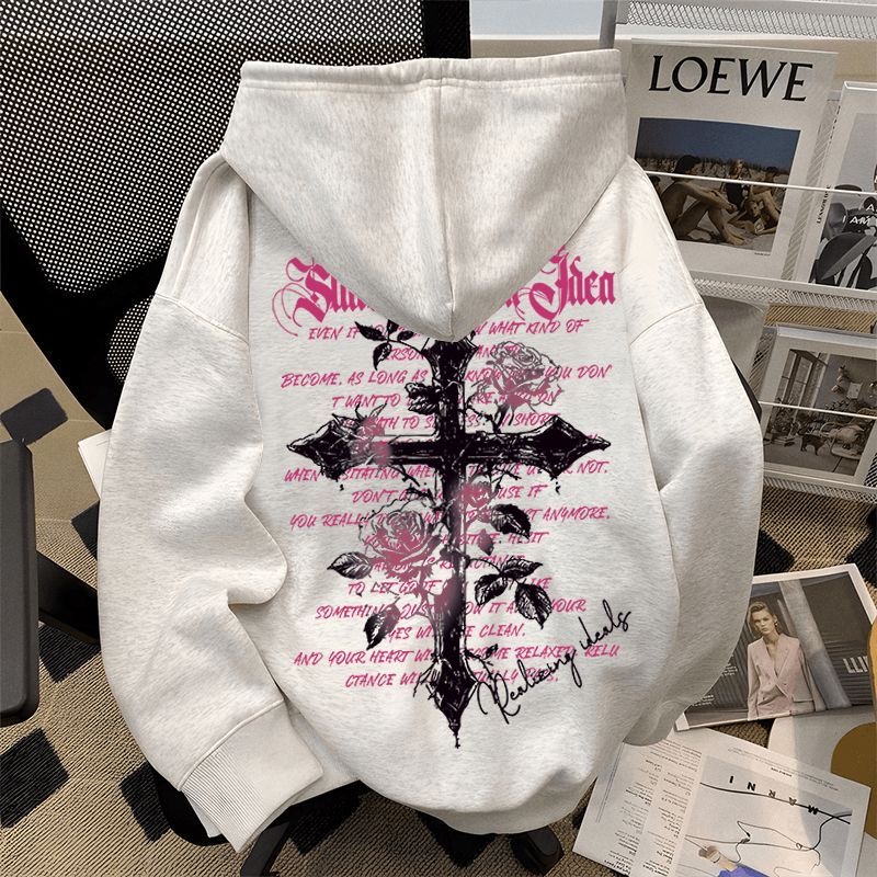潮牌十字架印花连帽卫衣男女春秋