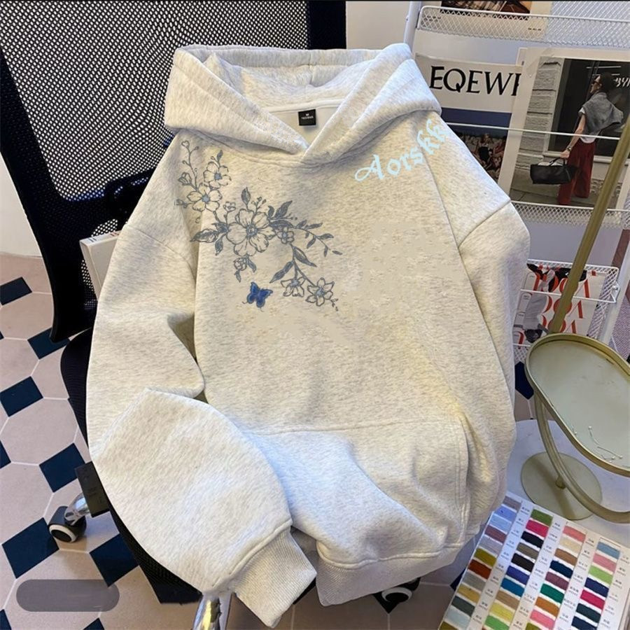 美式潮牌设计感花卉印花连帽卫衣男女秋冬季加厚宽松休闲上衣外套