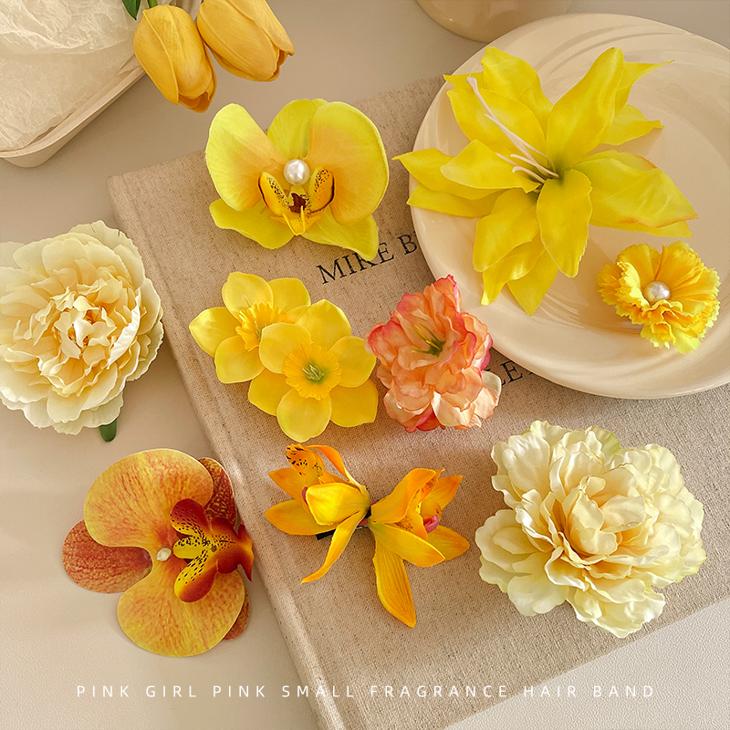 气质温柔黄色花朵发夹女高级感簪花刘海夹头饰氛围感拍照头花边夹