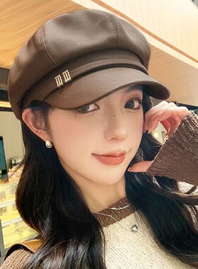秋冬季新款PU皮八角贝雷帽女韩版