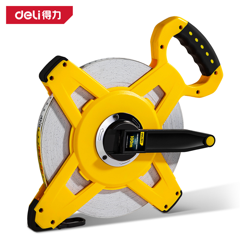 deli得力DL98100B架式皮卷尺100mx14.5mm三倍速塑壳(黄)(把