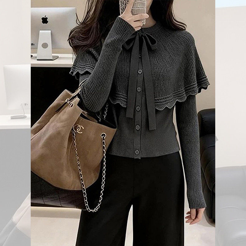 韩系格雷系慵懒高级感气质紫色斗篷蝴蝶结系带针织开衫毛衣女秋冬