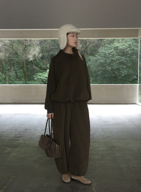 EVERTURE半高领套装灰色卫衣女装冬季新款韩版长袖上衣62716