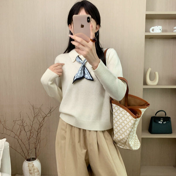 2025秋冬季新款设计感小众polo领针织打底衫女复古气质毛衣配丝巾