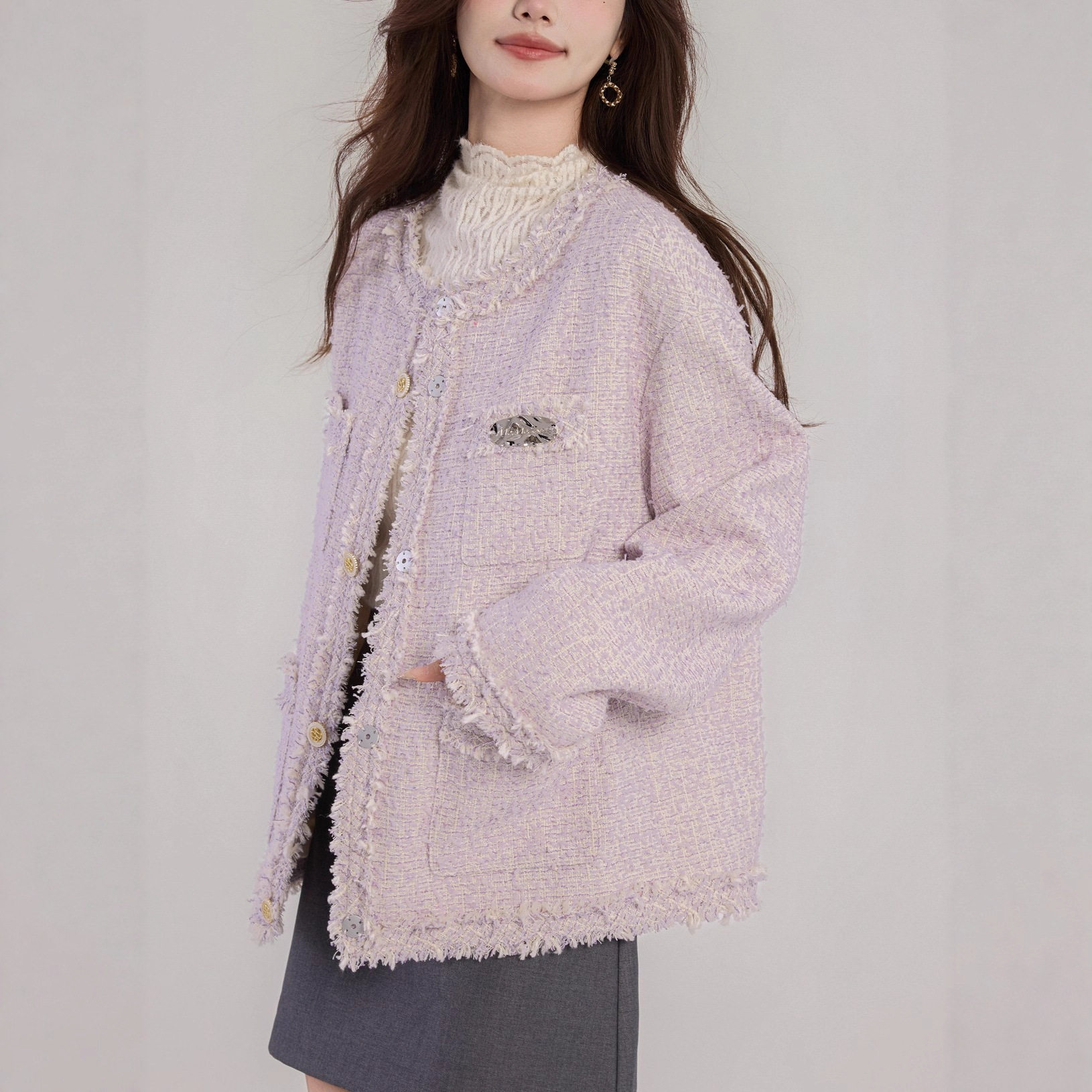 2025新款小香风亮丝粗花呢子设计感圆领毛呢短大衣呢外套女秋冬季