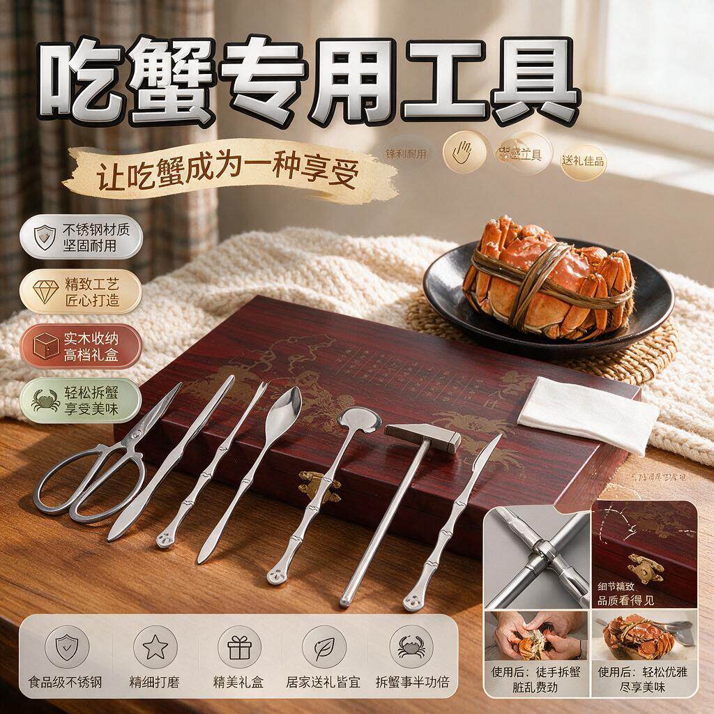 吃蟹工具蟹八件家用吃螃蟹专用剥螃蟹神器三件套大闸蟹剪木盒精美