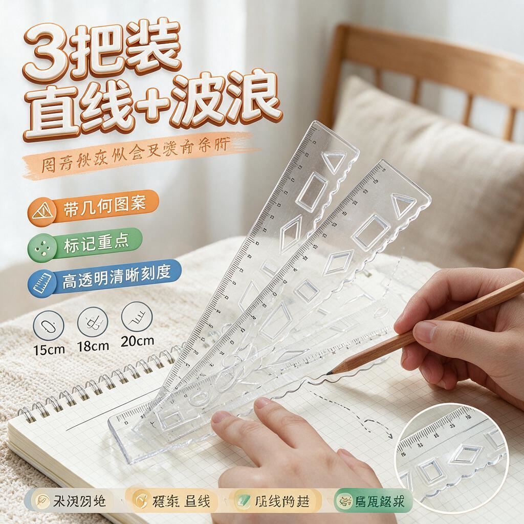塑料直尺带波浪线15/18/20cm透明尺子带几何图形小学生用波浪尺儿童多功能格尺一年级二年级三年级文具测量尺