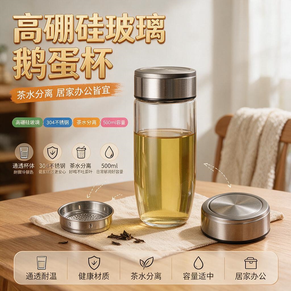 水杯单层茶杯鹅蛋玻璃杯男女加厚便携耐热大容量杯子个性有盖