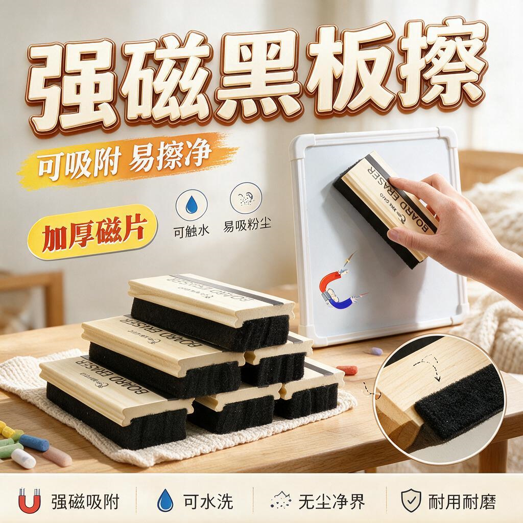 教室黑板擦白板擦磁性粉笔无尘水溶教师用白板儿童刷擦笔檫大号易擦可吸附磁力老师擦粉笔字家用教学木制量贩