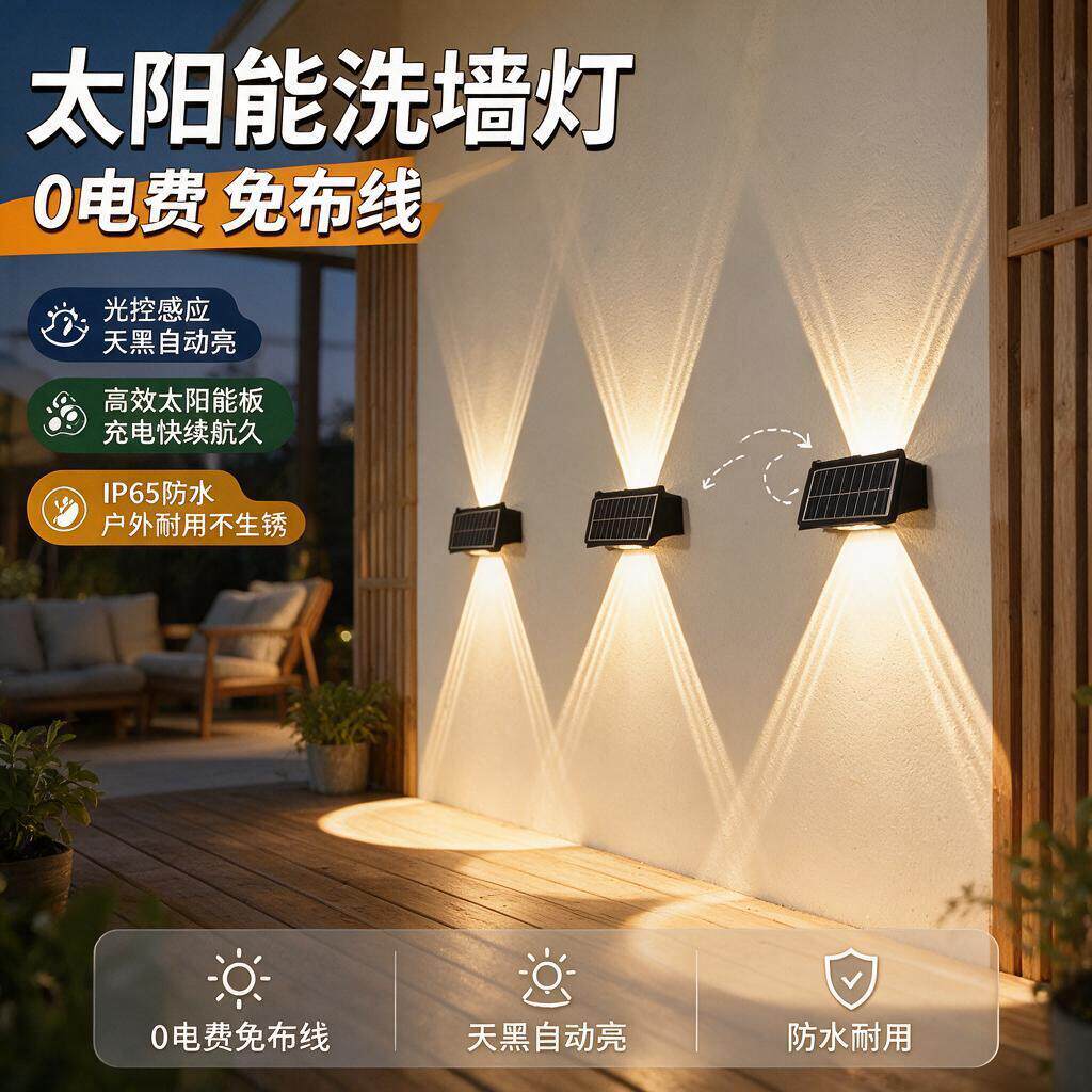 太阳能庭院壁灯户外洗墙灯围墙防水家用景观花园装饰别墅氛围射灯