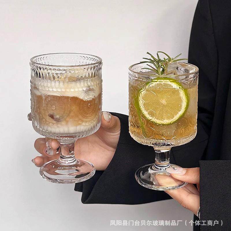 小众复古ins风钻石浮雕高脚杯高颜值玻璃杯香槟杯红酒杯甜酒杯子