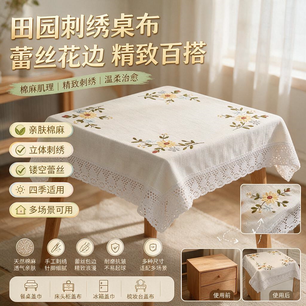 刺绣餐桌布台布棉麻绣花长方形白色蕾丝茶几布艺盖巾欧式田园客厅