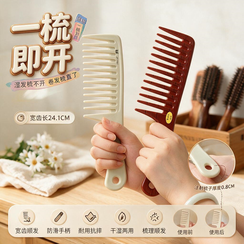 头发梳子女卷发梳家用大尺宽齿塑料美发工具大卷长发湿发大齿梳子